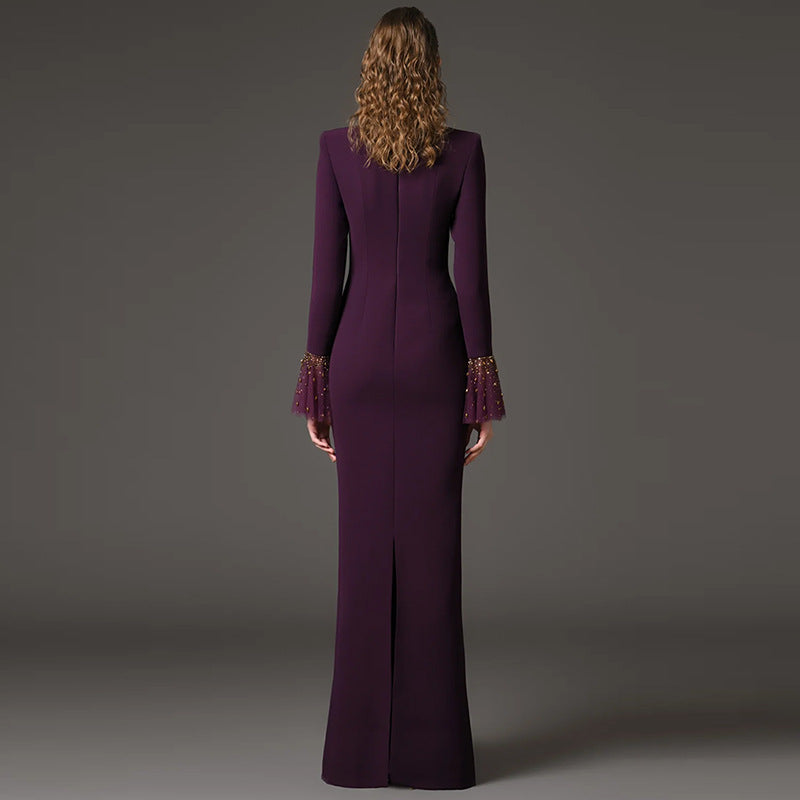 Beaded Long Sleeve Mermaid Evening Gown — full length