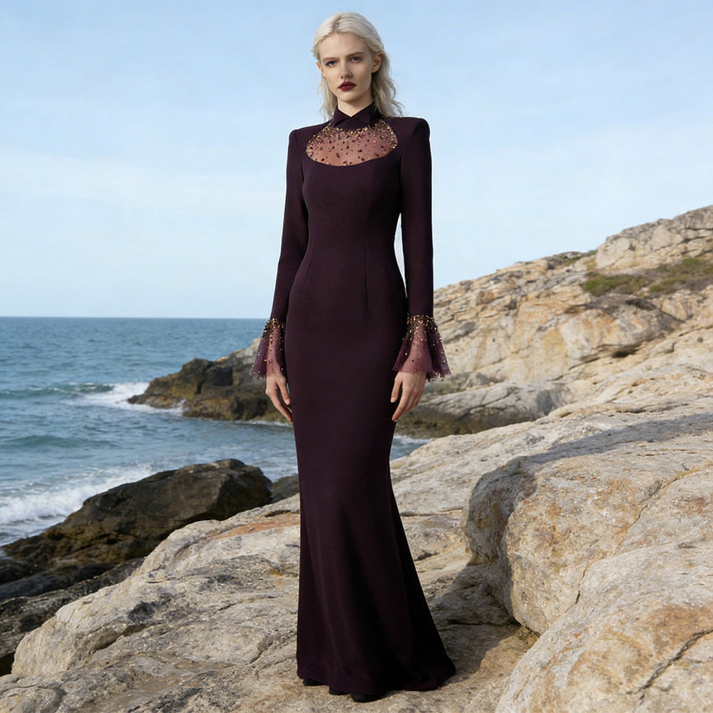 Beaded Long Sleeve Mermaid Evening Gown — fabric and detail