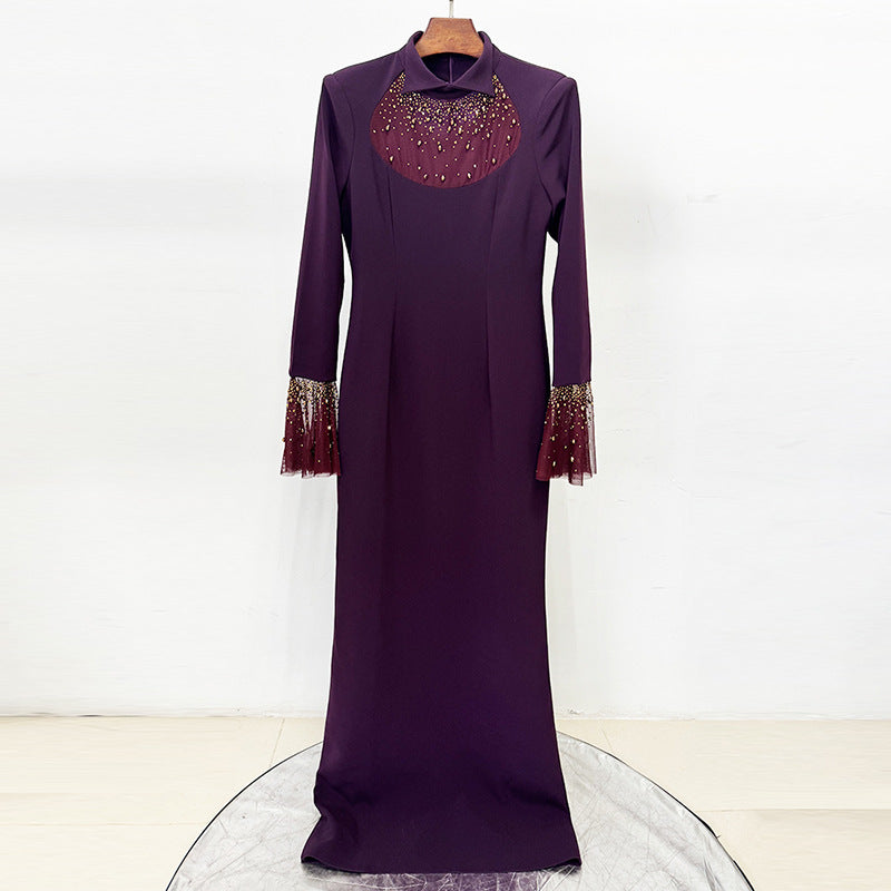 Beaded Long Sleeve Mermaid Evening Gown — back view