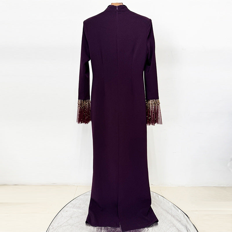 Beaded Long Sleeve Mermaid Evening Gown — side view