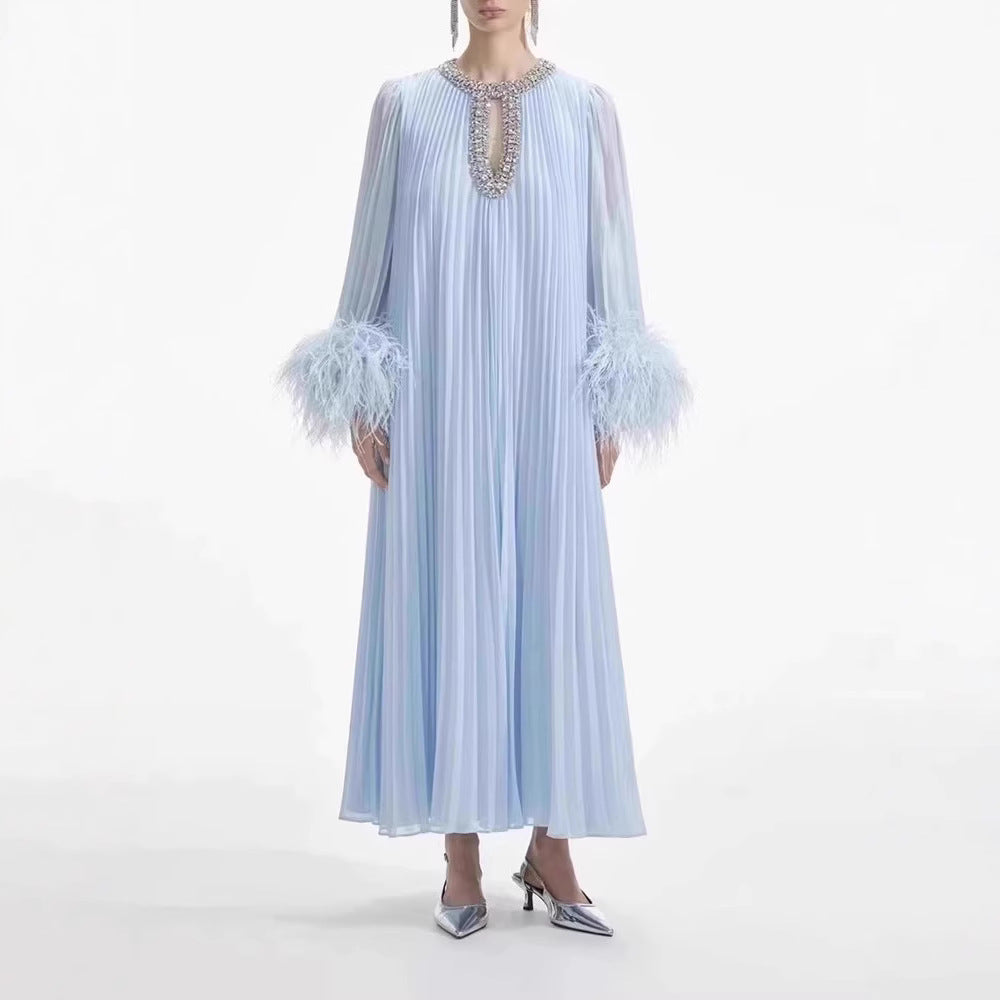 Bérénice Diamond Neck Feather Trim Gown — front view