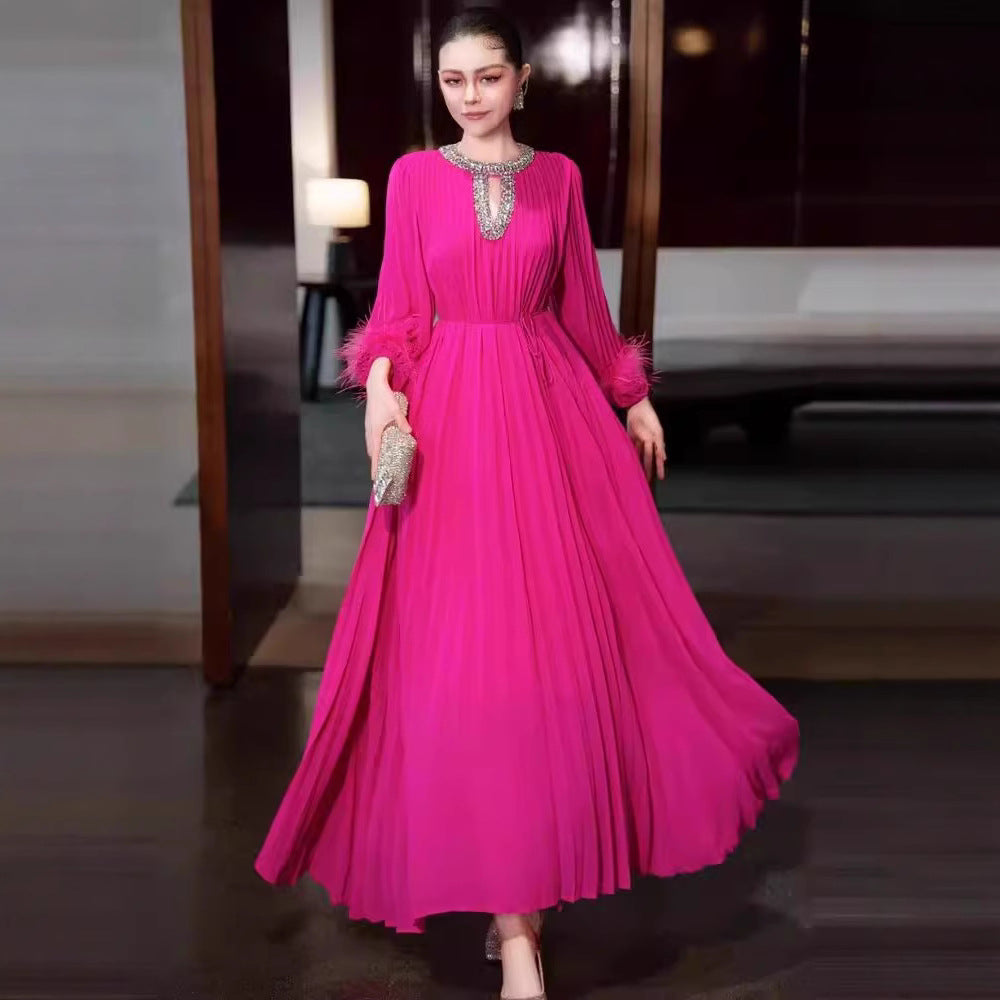 Bérénice Diamond Neck Feather Trim Gown — full length