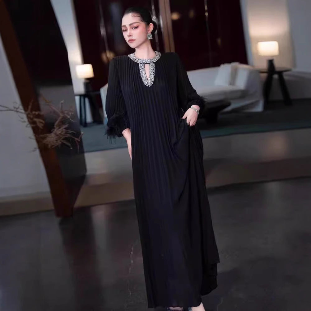 Bérénice Diamond Neck Feather Trim Gown — styled look