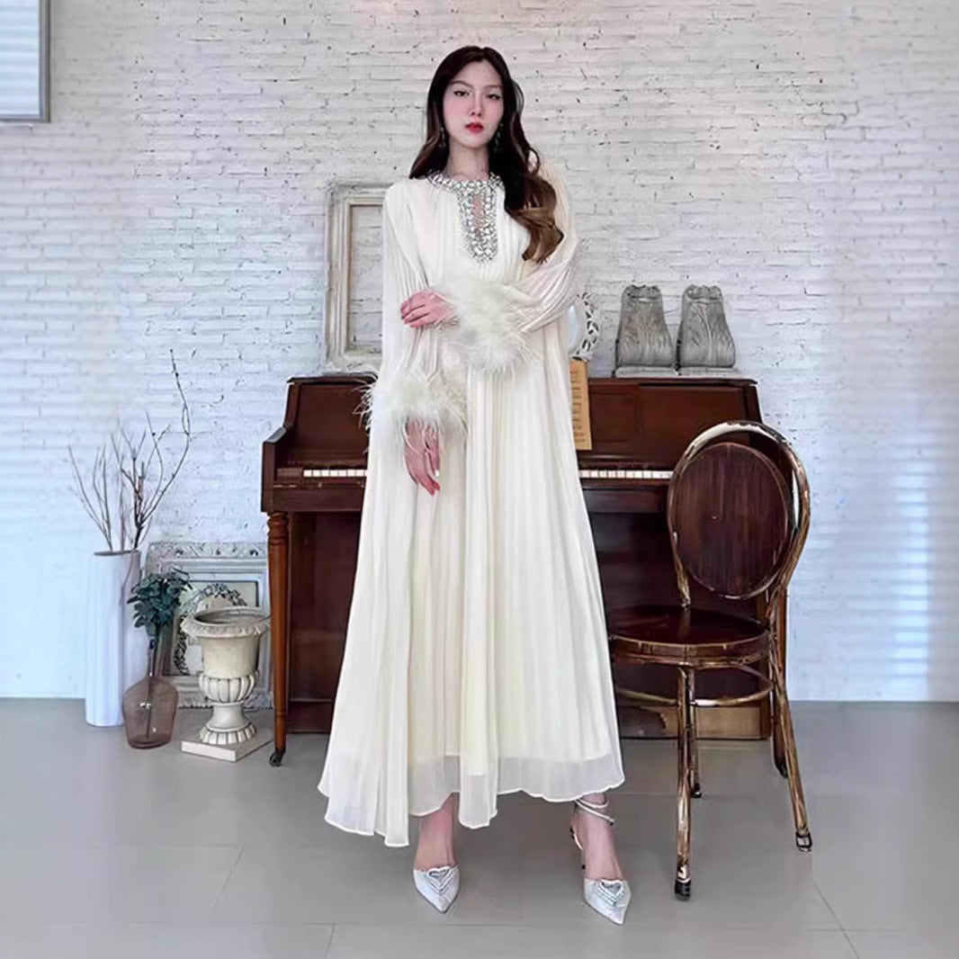 Bérénice Diamond Neck Feather Trim Gown — fabric and detail