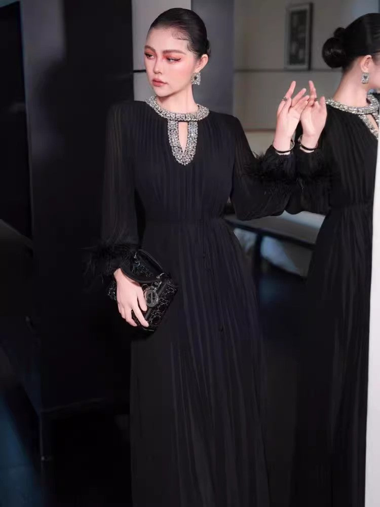 Bérénice Diamond Neck Feather Trim Gown — back view