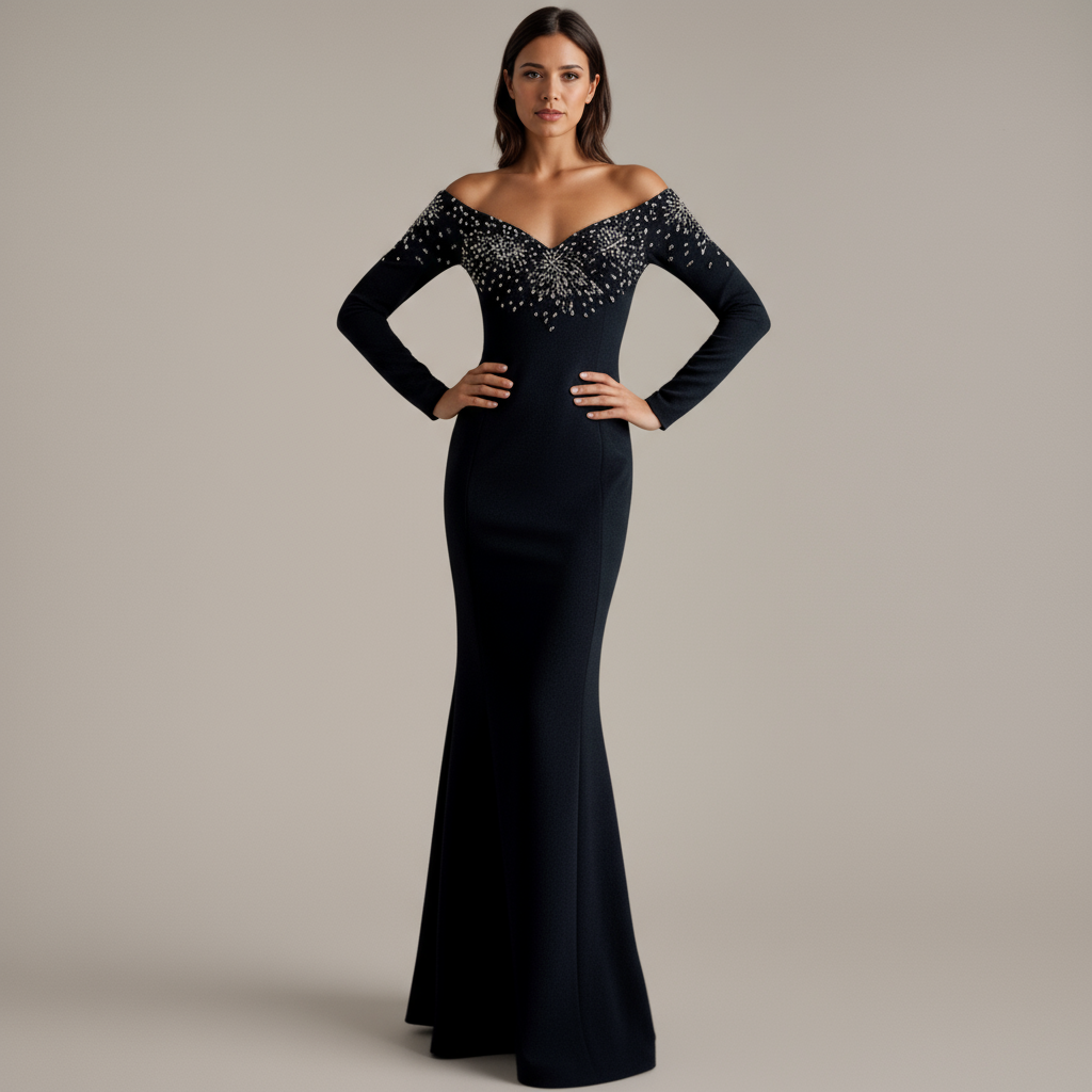 Beaded Off-Shoulder Black Fishtail Gown