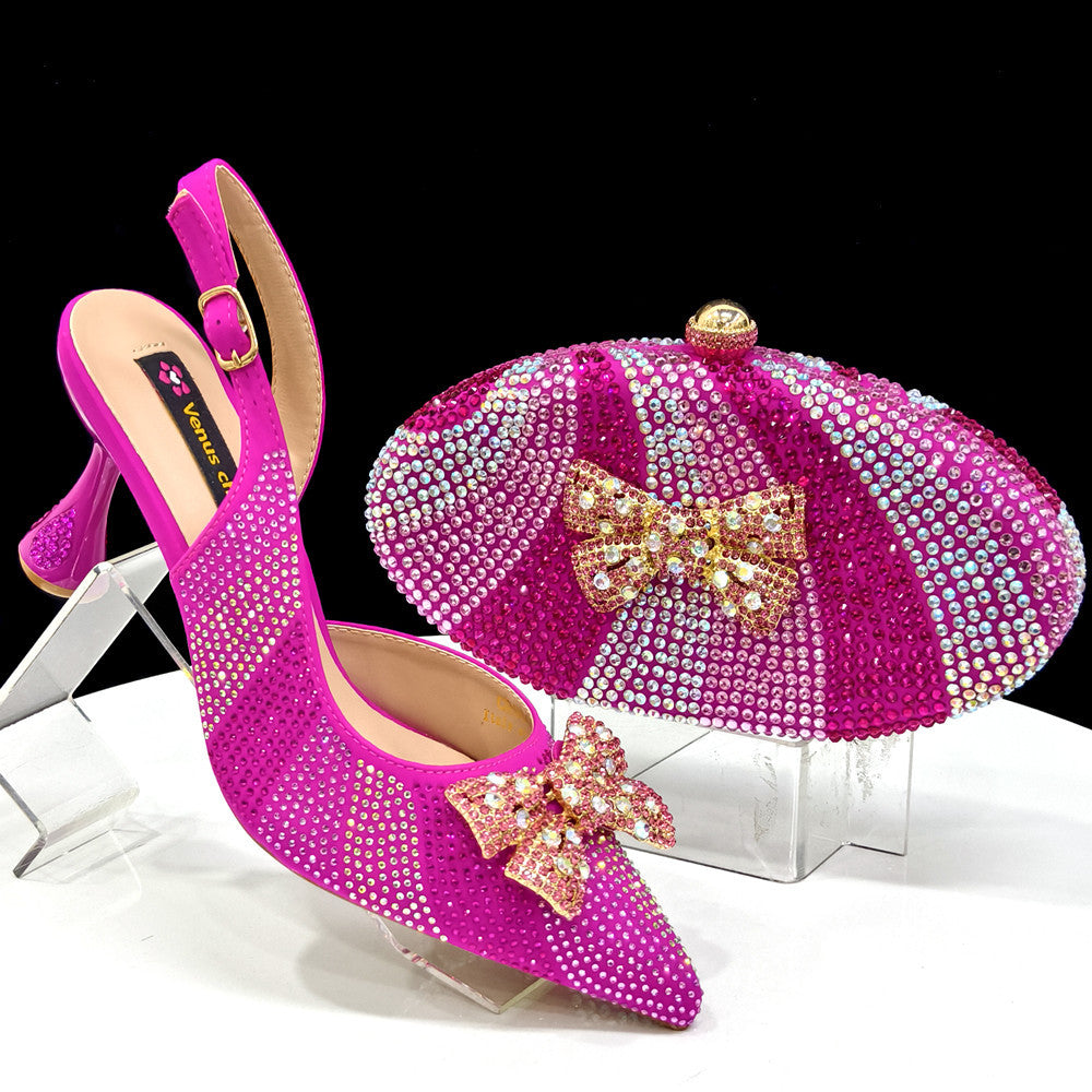 Bow & Diamond Pointed Sandal with Round Handbag Set — front view