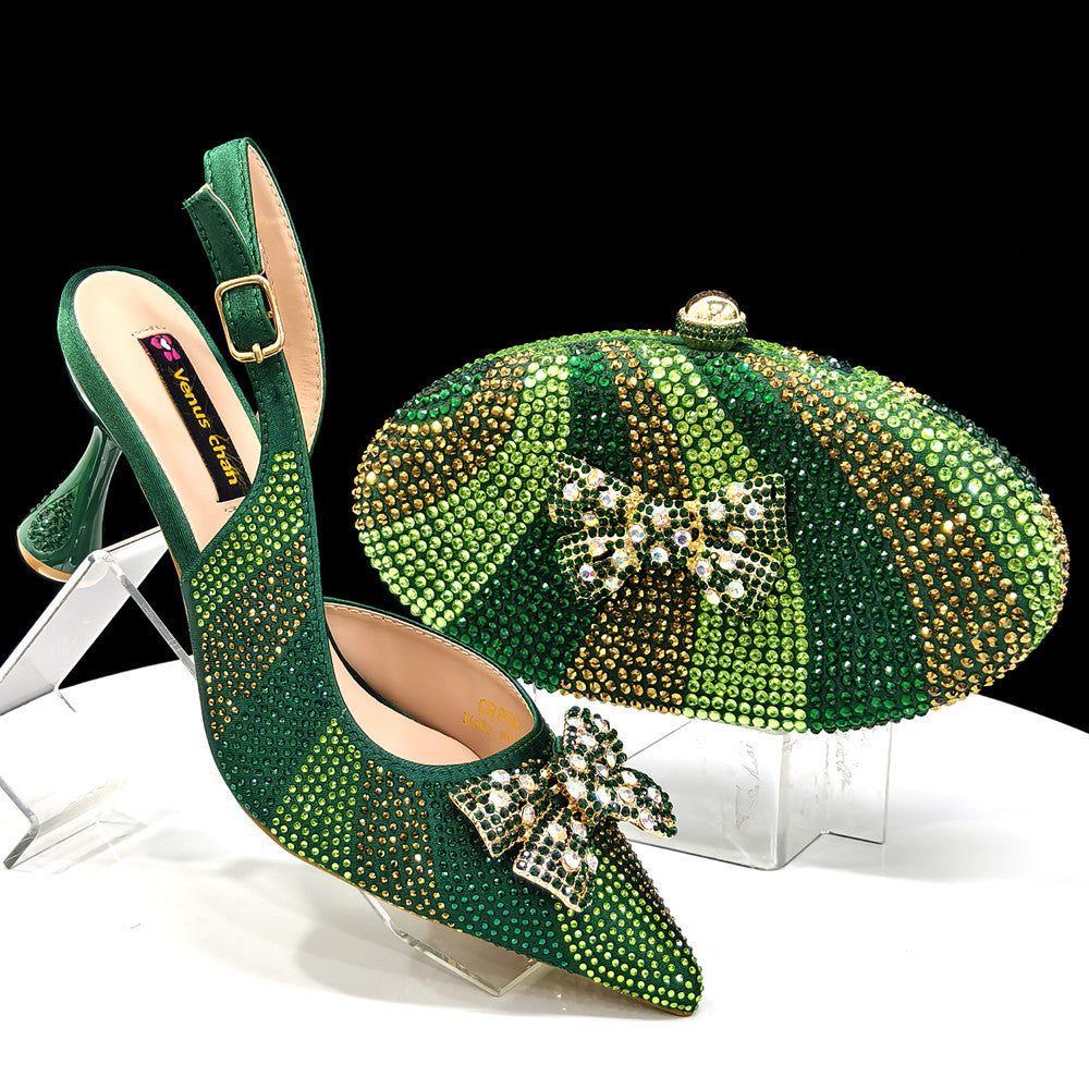Bow & Diamond Pointed Sandal with Round Handbag Set — full length