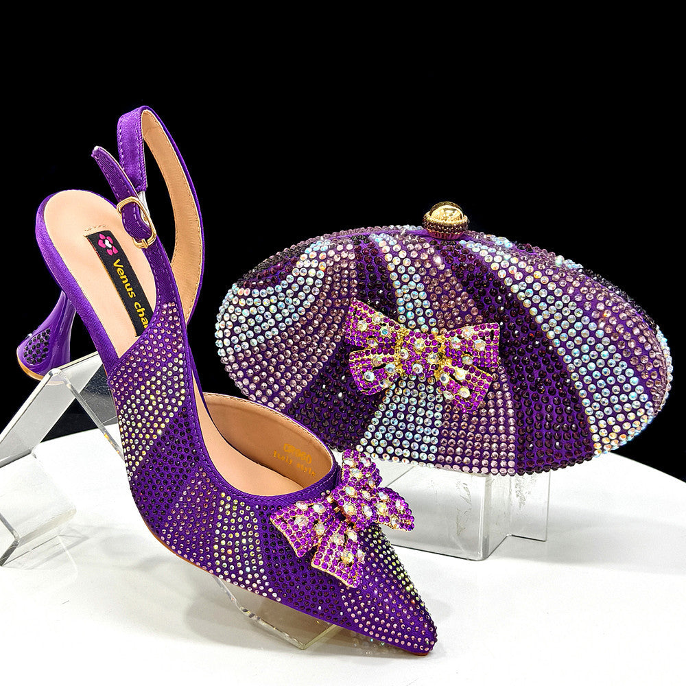 Bow & Diamond Pointed Sandal with Round Handbag Set — fabric and detail