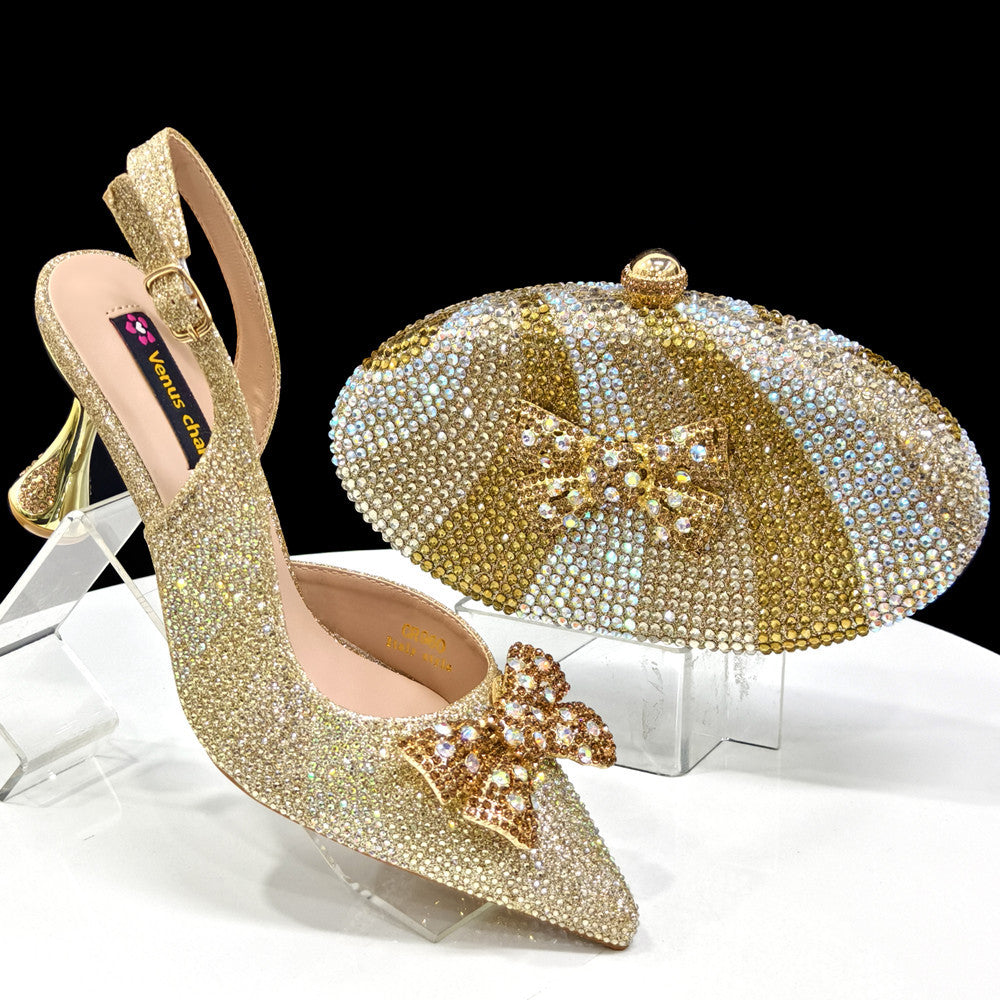 Bow & Diamond Pointed Sandal with Round Handbag Set — side view