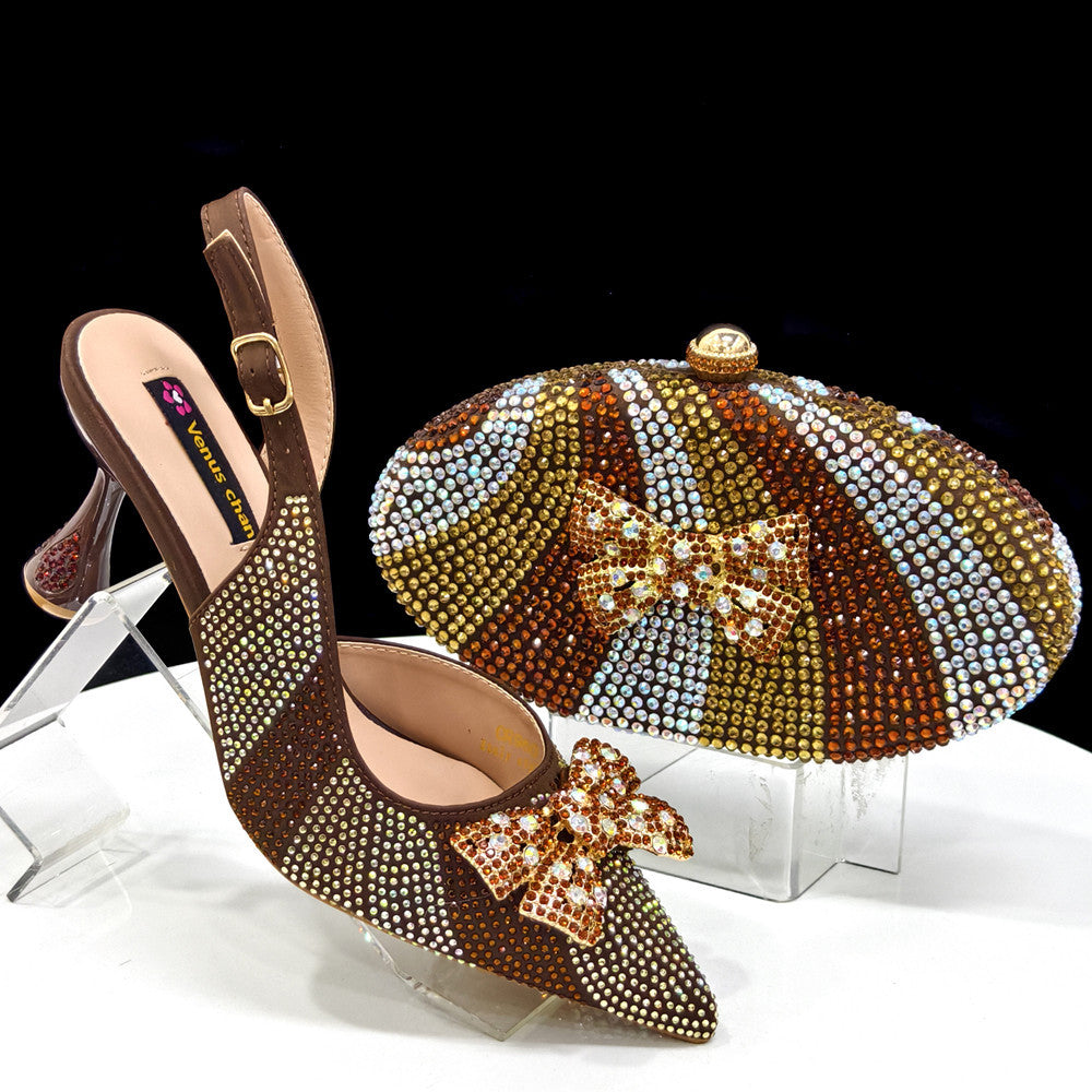 Bow & Diamond Pointed Sandal with Round Handbag Set — close-up detail