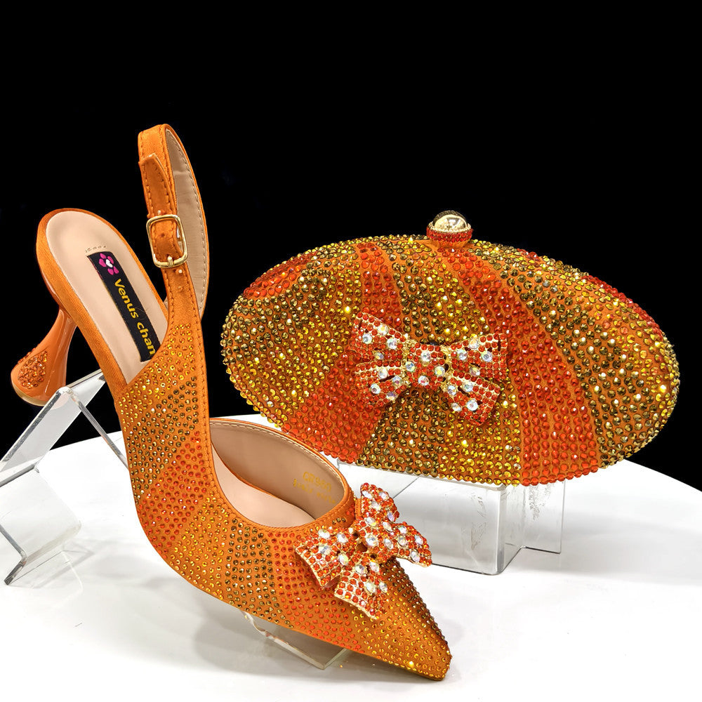 Bow & Diamond Pointed Sandal with Round Handbag Set — model wearing