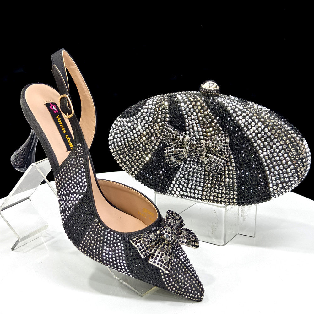 Bow & Diamond Pointed Sandal with Round Handbag Set — runway angle
