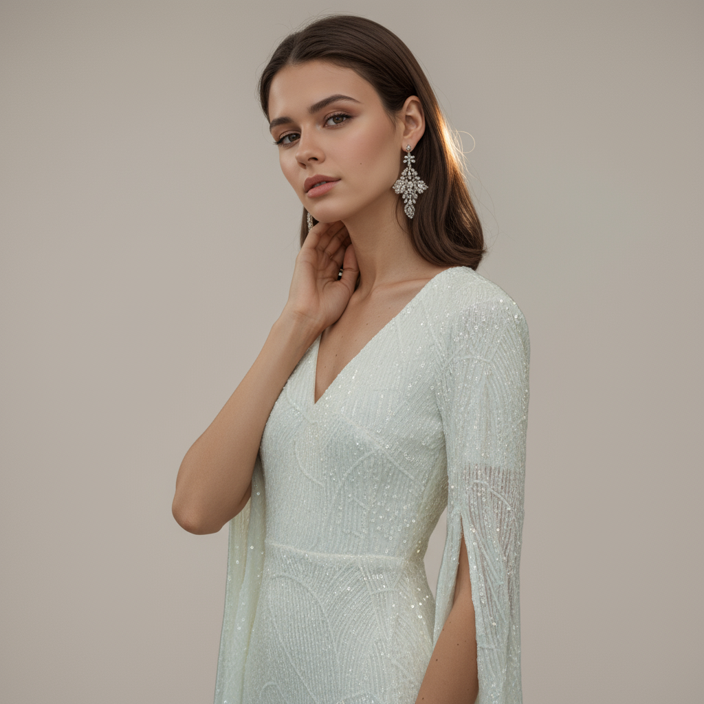 White Sequined Cape-Sleeve Mini Dress