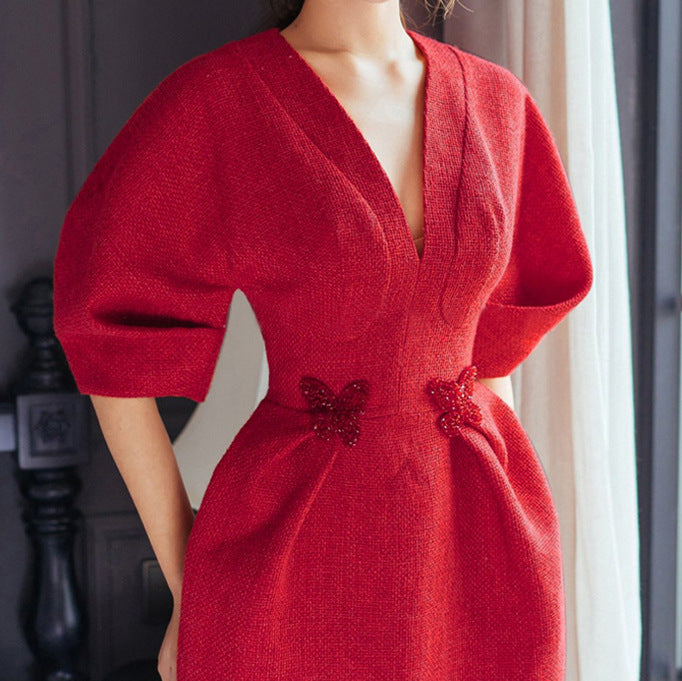 Camille 3D Beaded Butterfly Red Tweed Dress — full length