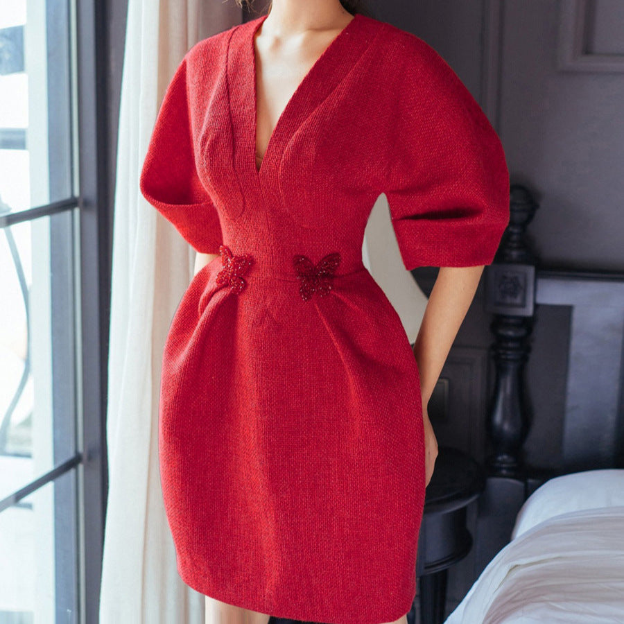 Camille 3D Beaded Butterfly Red Tweed Dress — fabric and detail