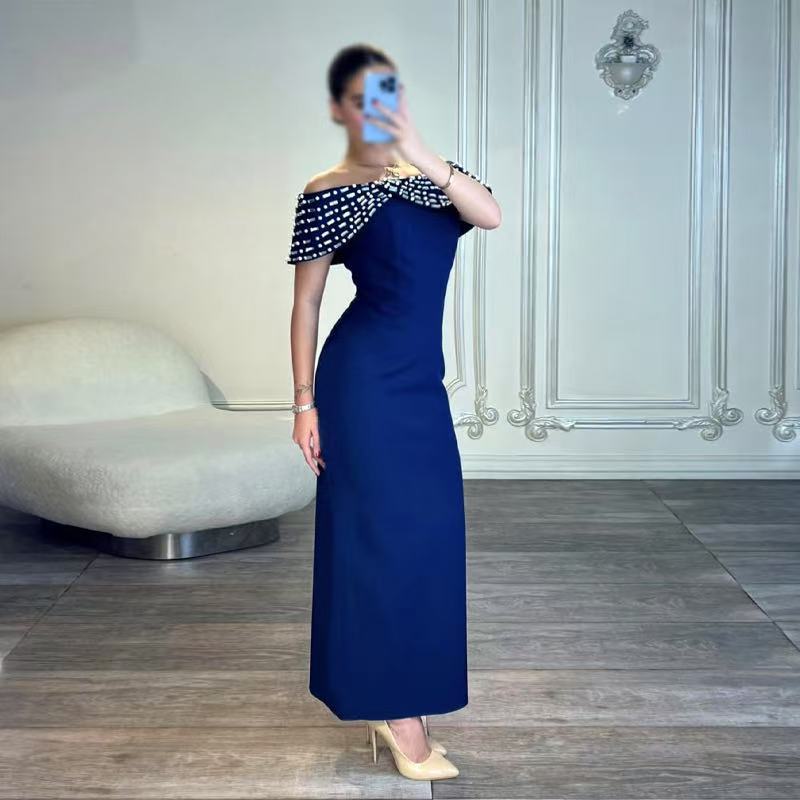 Camille Crystal Draped Slim Evening Gown — front view