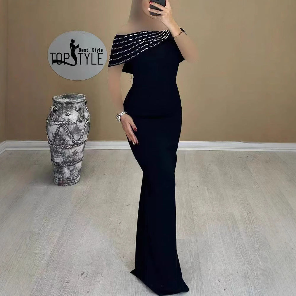 Camille Crystal Draped Slim Evening Gown — full length