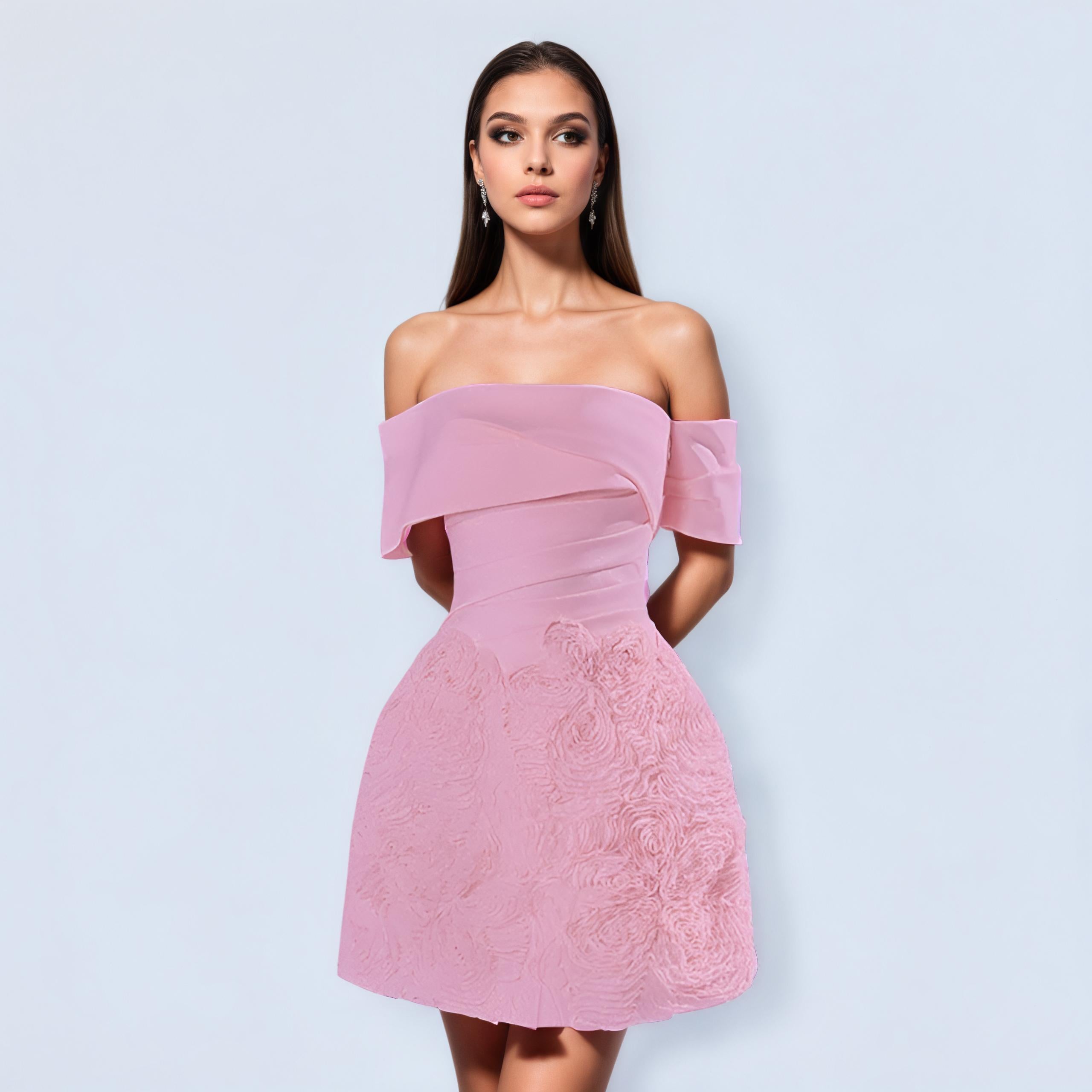 Camille Textured Floral One-Shoulder Waist Dress — front view