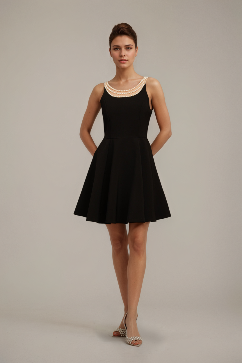 Pearl Neckline Fit-and-Flare Black Mini Dress