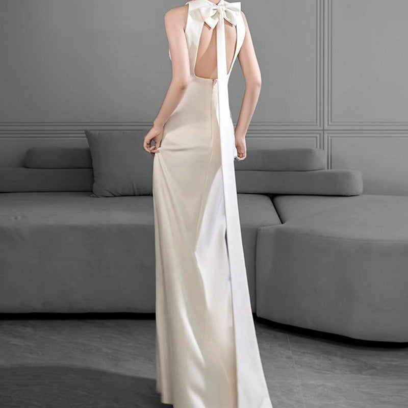 Chiara Ivory Satin Halterneck Open-Back Gown - photo 1 | Orabella