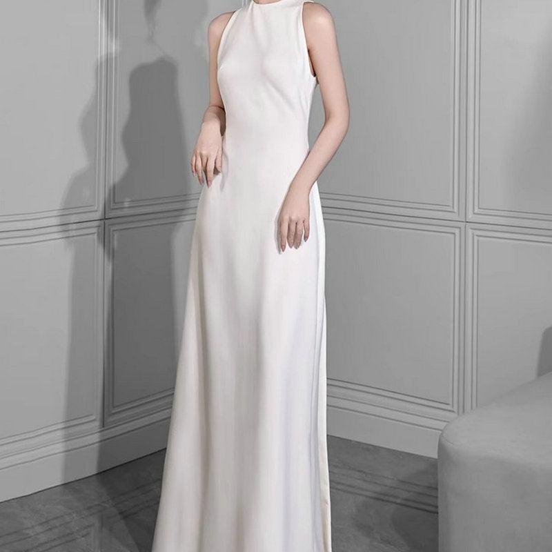 Chiara Ivory Satin Halterneck Open-Back Gown - photo 2 | Orabella
