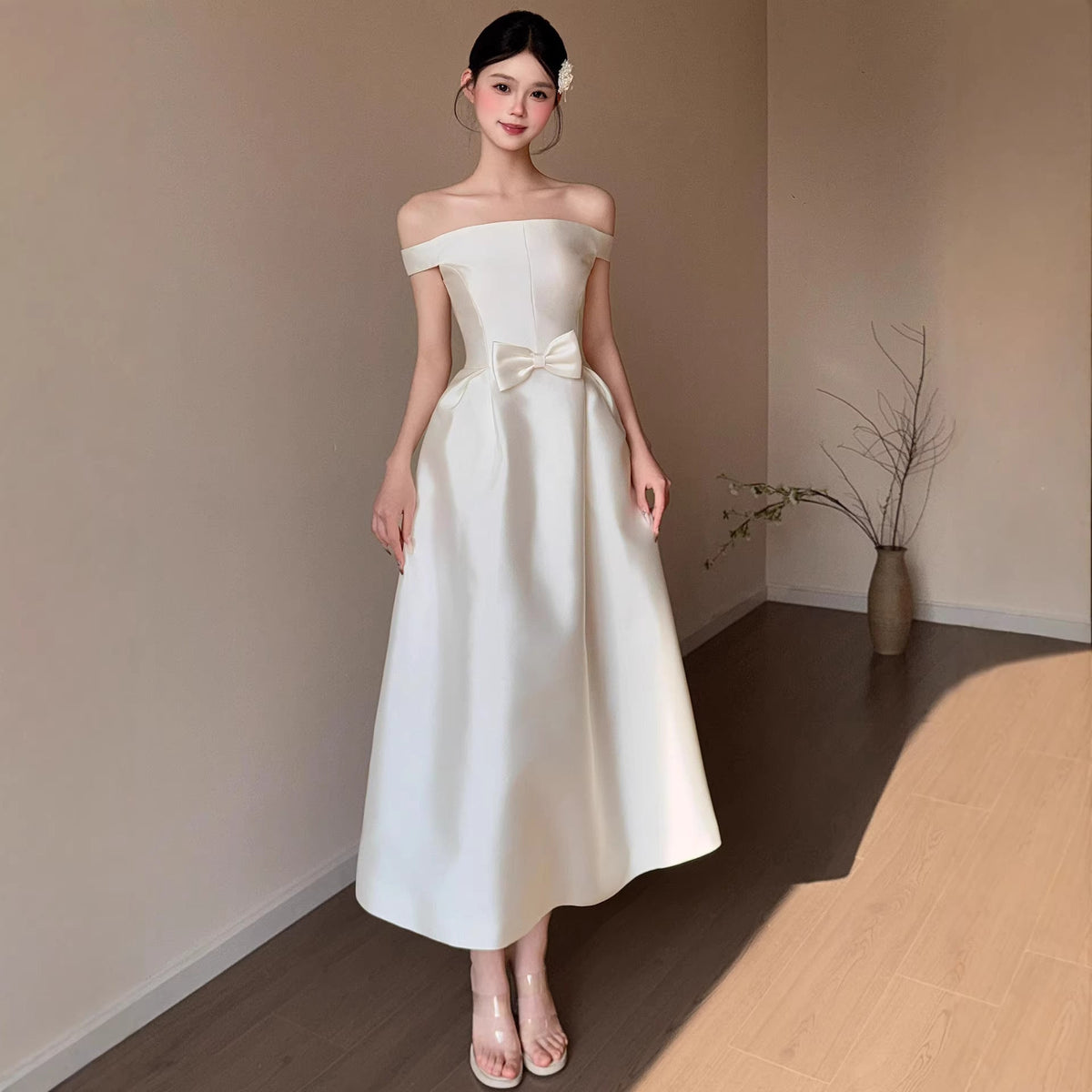 Christelle White Satin Off-Shoulder Bow Dress - photo 1 | Orabella