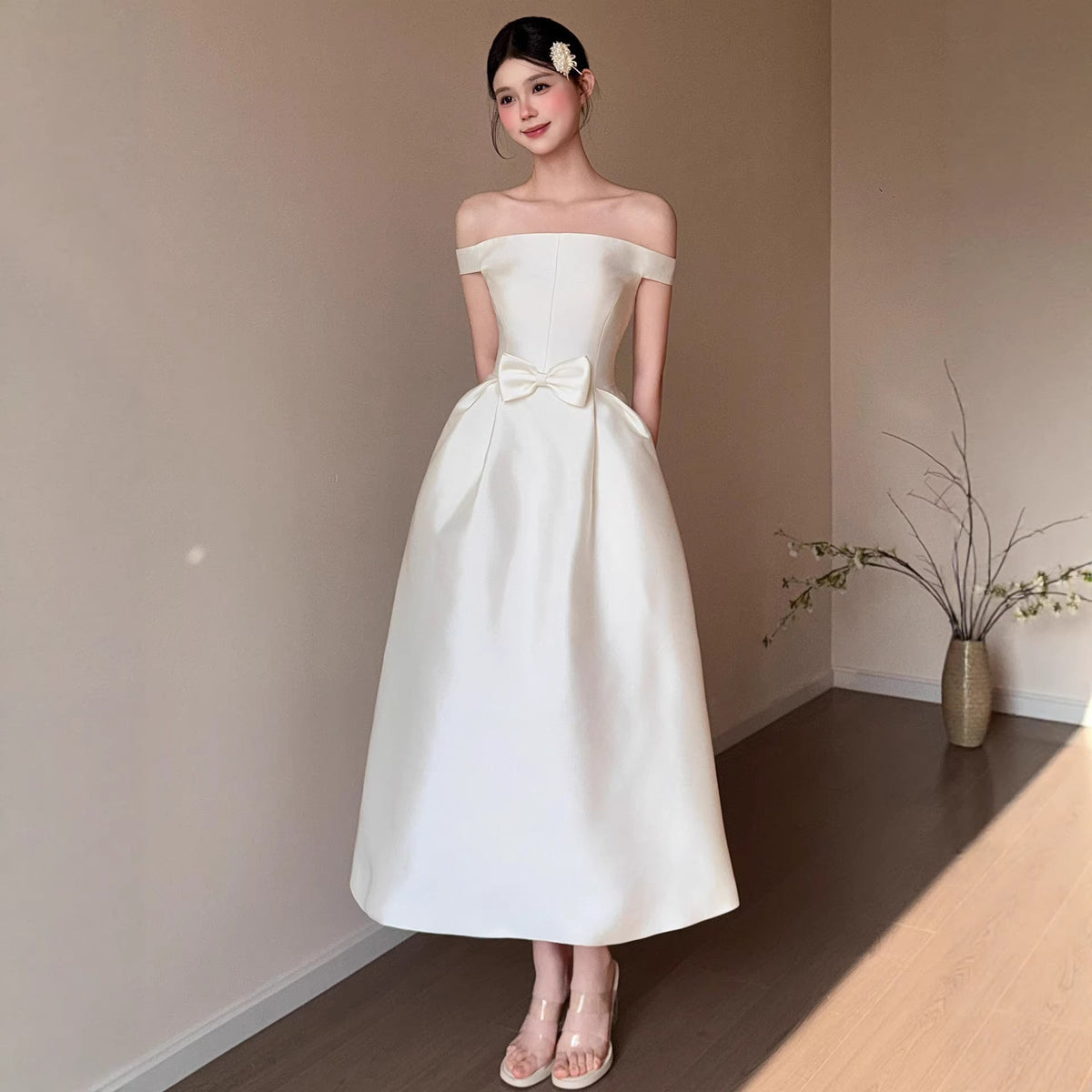 Christelle White Satin Off-Shoulder Bow Dress - photo 2 | Orabella