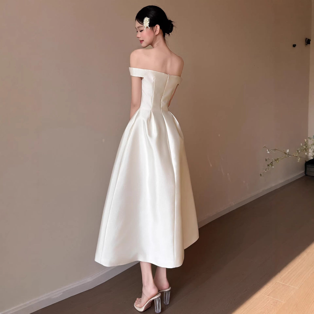 Christelle White Satin Off-Shoulder Bow Dress - photo 3 | Orabella
