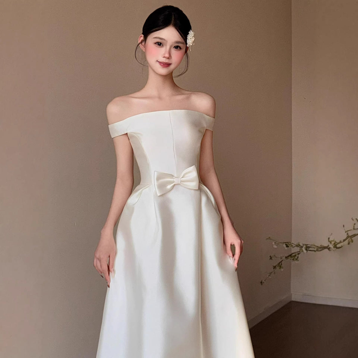 Christelle White Satin Off-Shoulder Bow Dress - photo 4 | Orabella