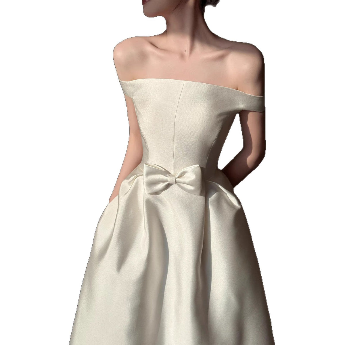 Christelle White Satin Off-Shoulder Bow Dress - photo 5 | Orabella