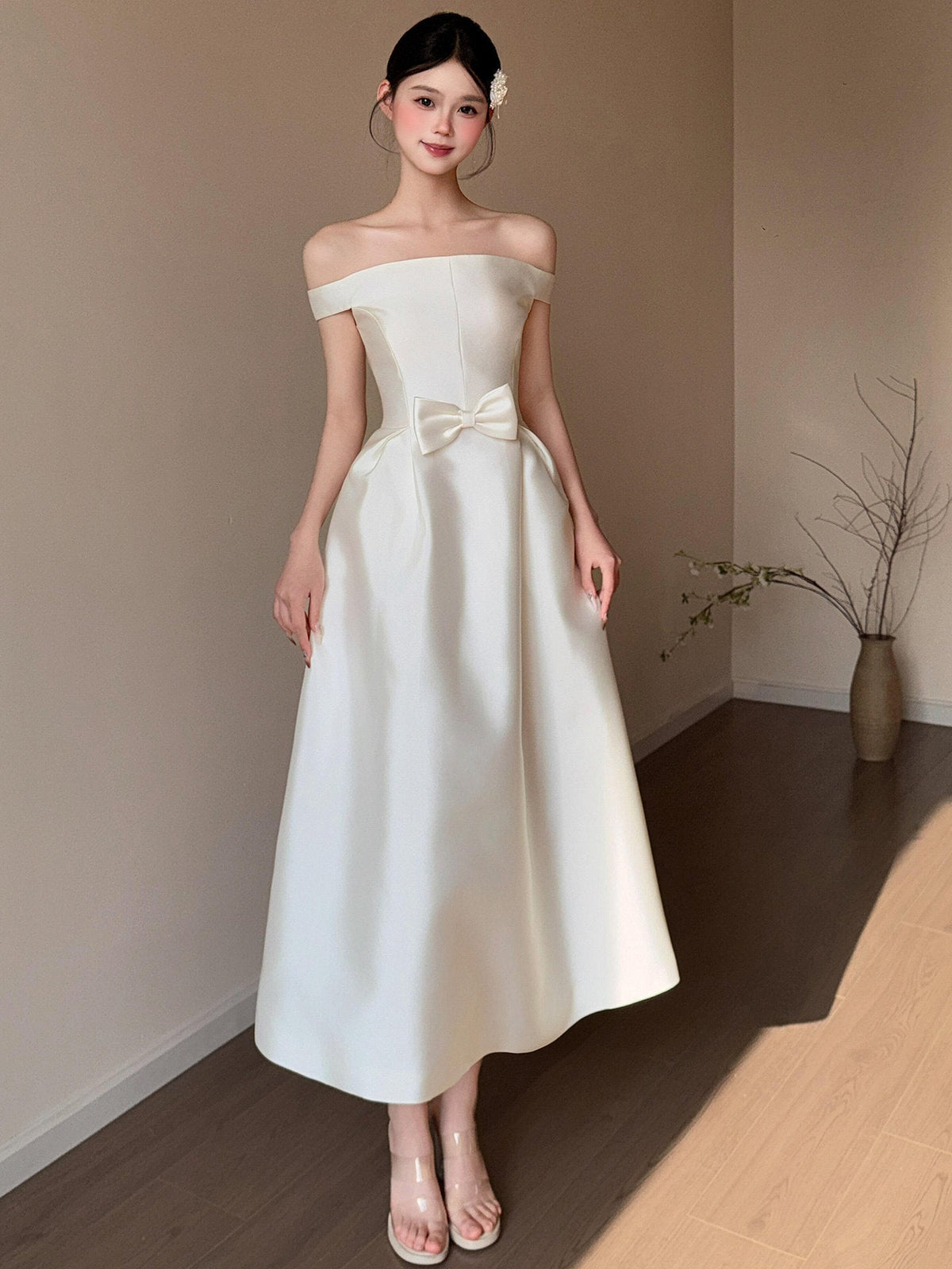 Christelle White Satin Off-Shoulder Bow Dress - photo 6 | Orabella
