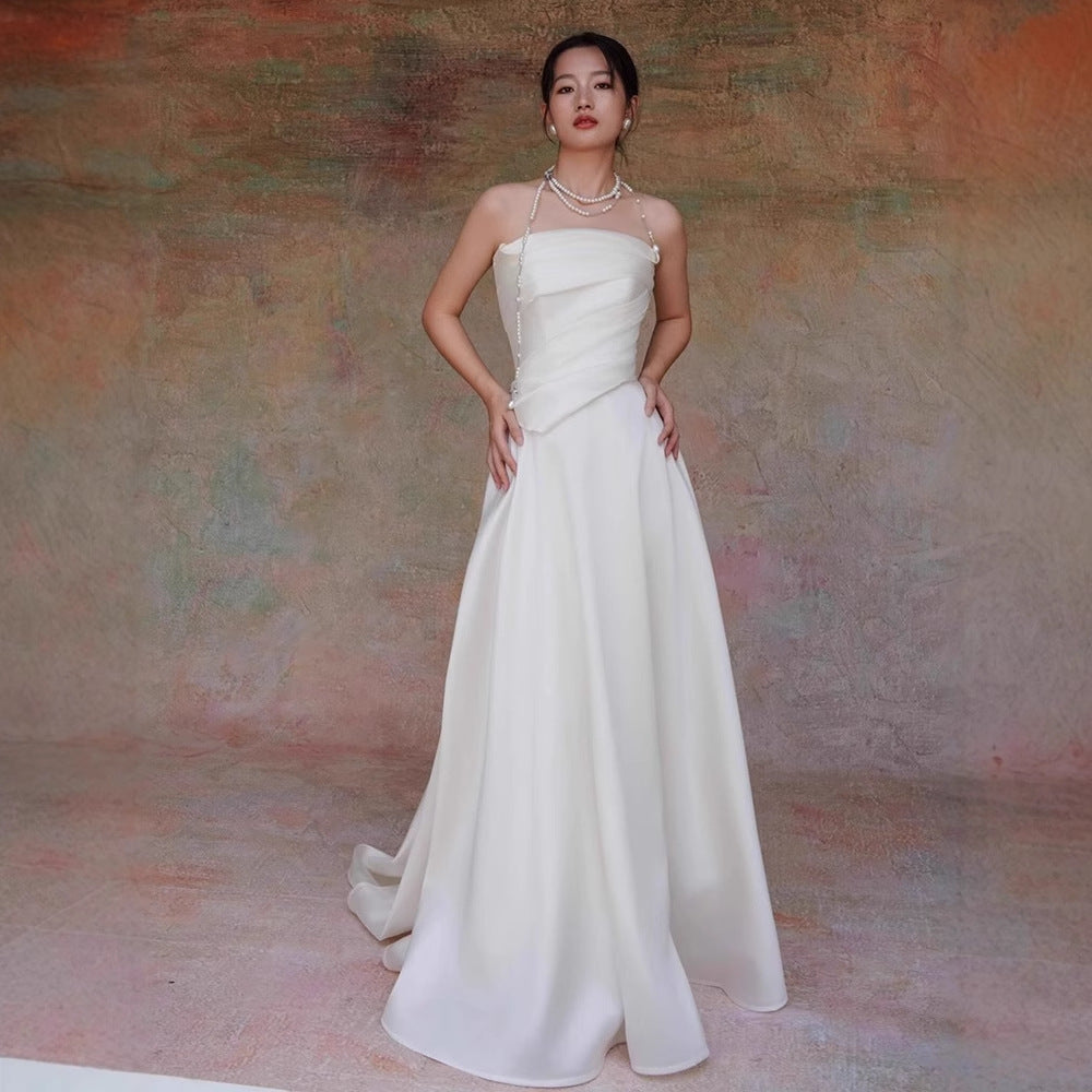 Cinzia White Satin Strapless Draped A-Line Gown - photo 1 | Orabella