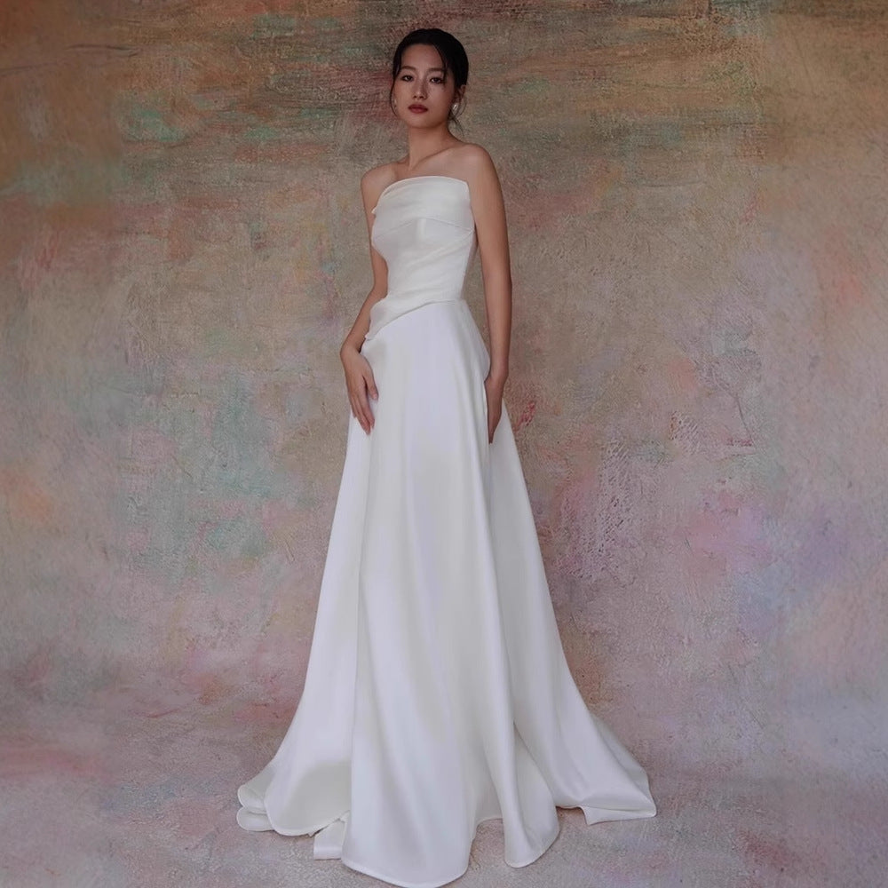 Cinzia White Satin Strapless Draped A-Line Gown - photo 2 | Orabella