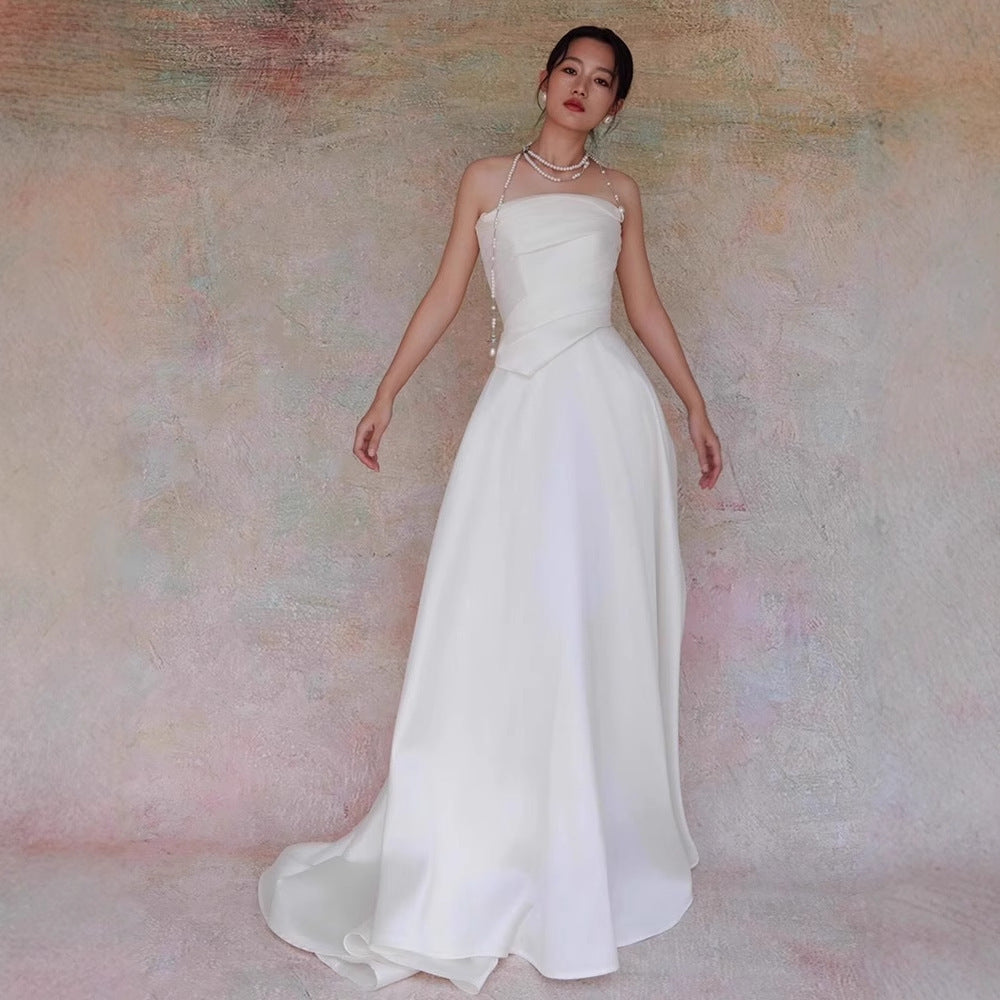 Cinzia White Satin Strapless Draped A-Line Gown - photo 3 | Orabella