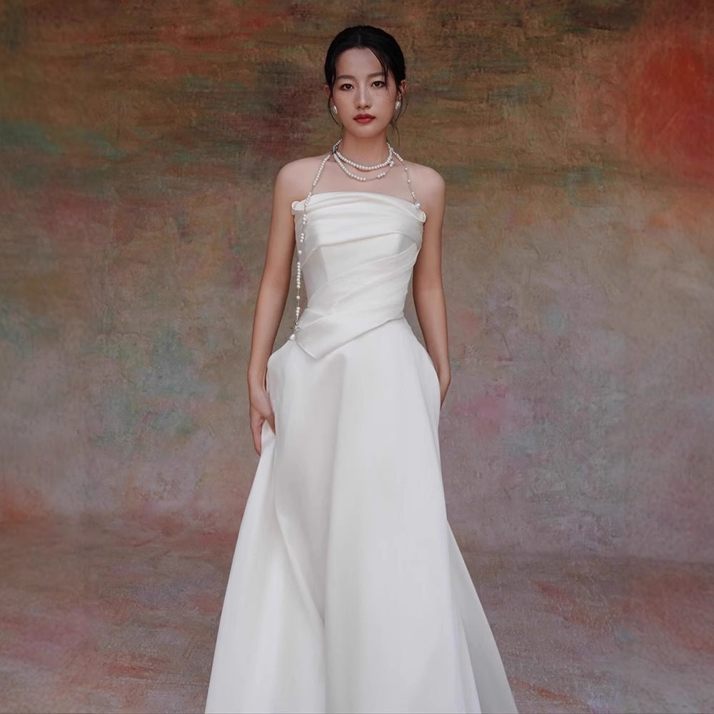 Cinzia White Satin Strapless Draped A-Line Gown - photo 4 | Orabella