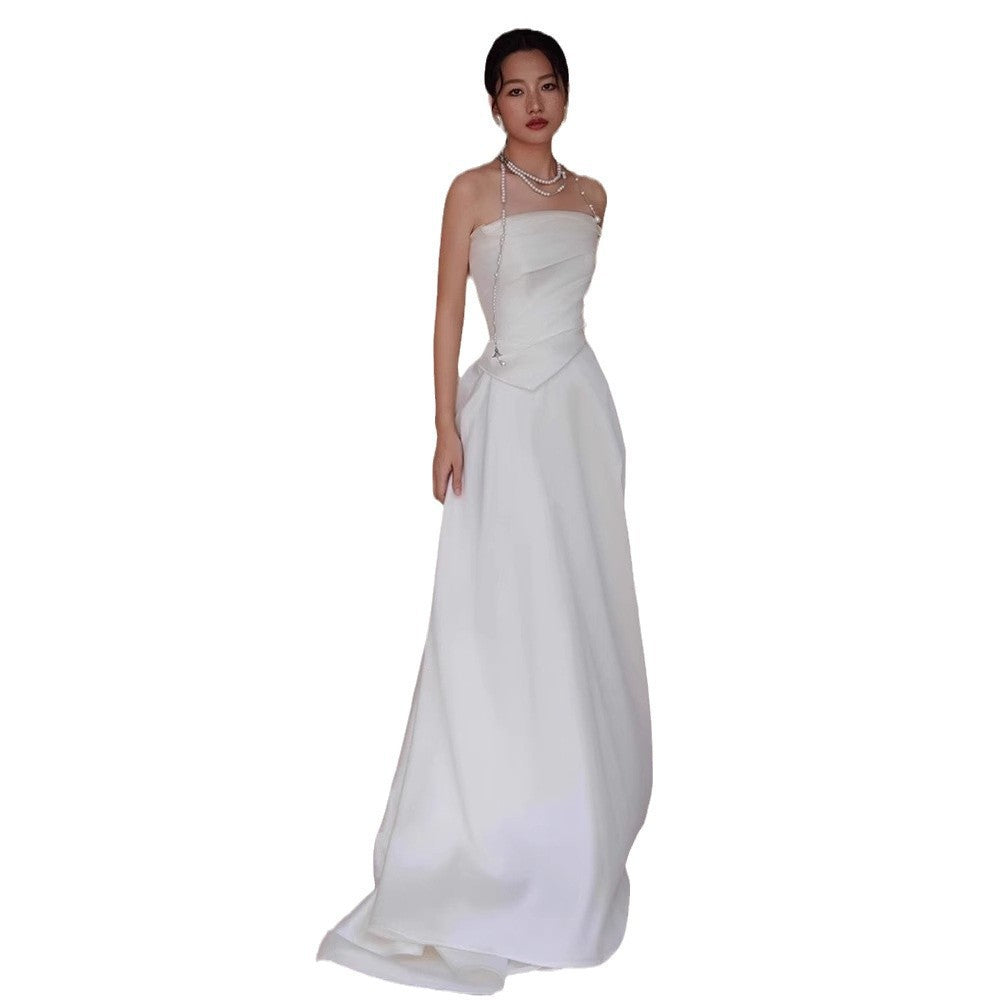Cinzia White Satin Strapless Draped A-Line Gown - photo 5 | Orabella
