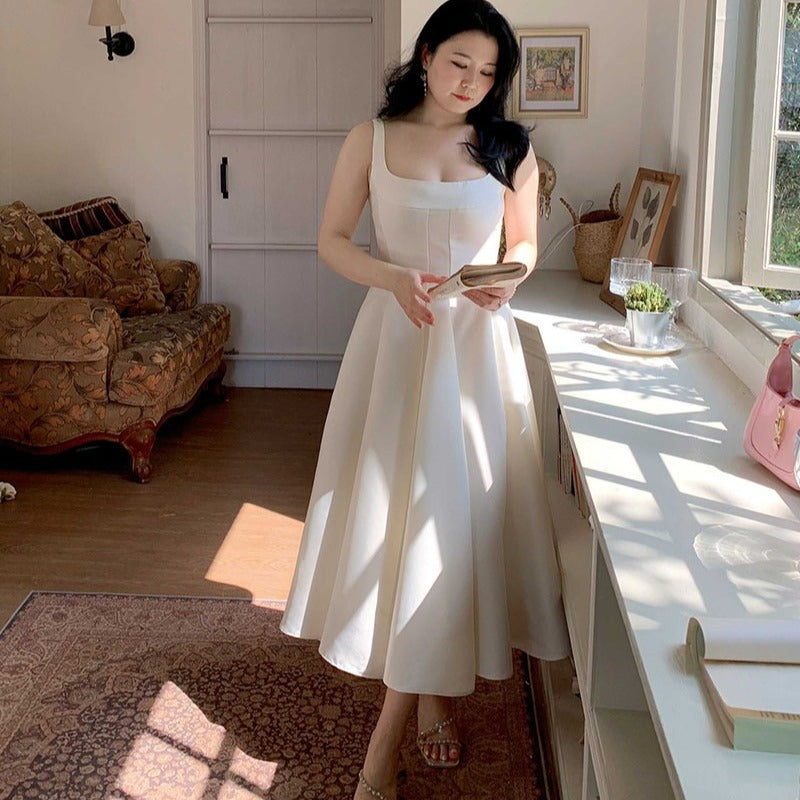 Cléo Satin Square-Neck Fit-and-Flare Midi Dress - photo 1 | Orabella