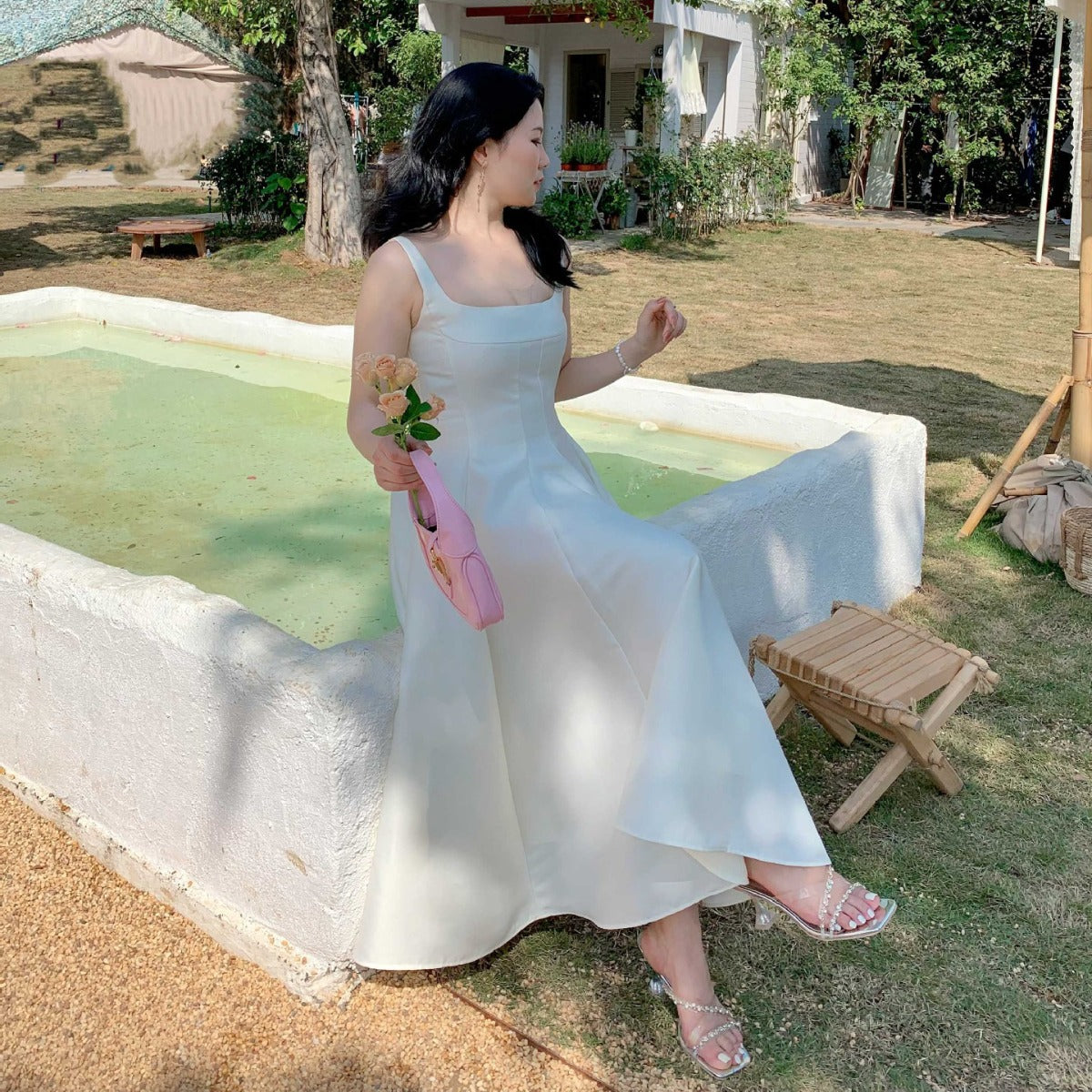 Cléo Satin Square-Neck Fit-and-Flare Midi Dress - photo 2 | Orabella