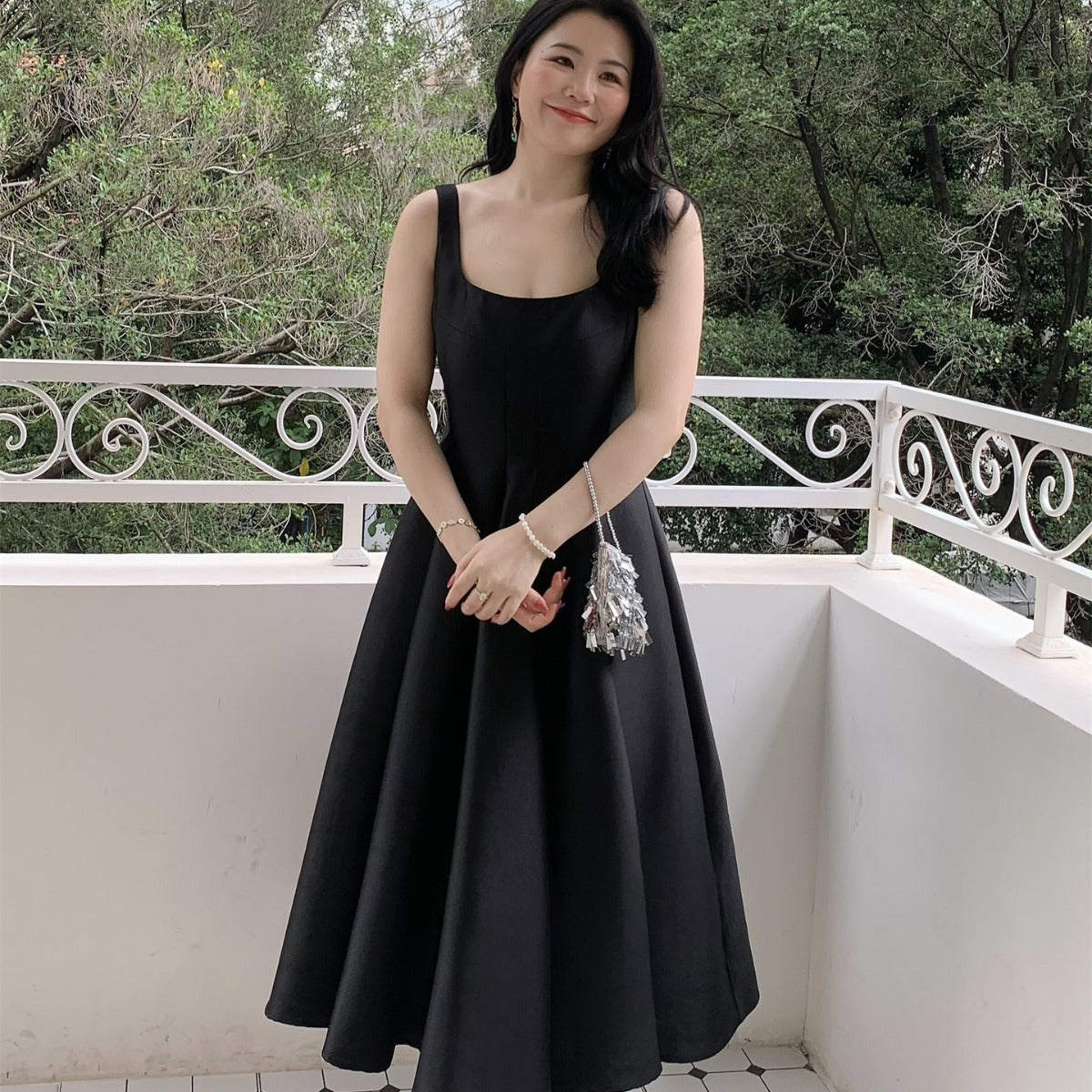 Cléo Satin Square-Neck Fit-and-Flare Midi Dress - photo 3 | Orabella