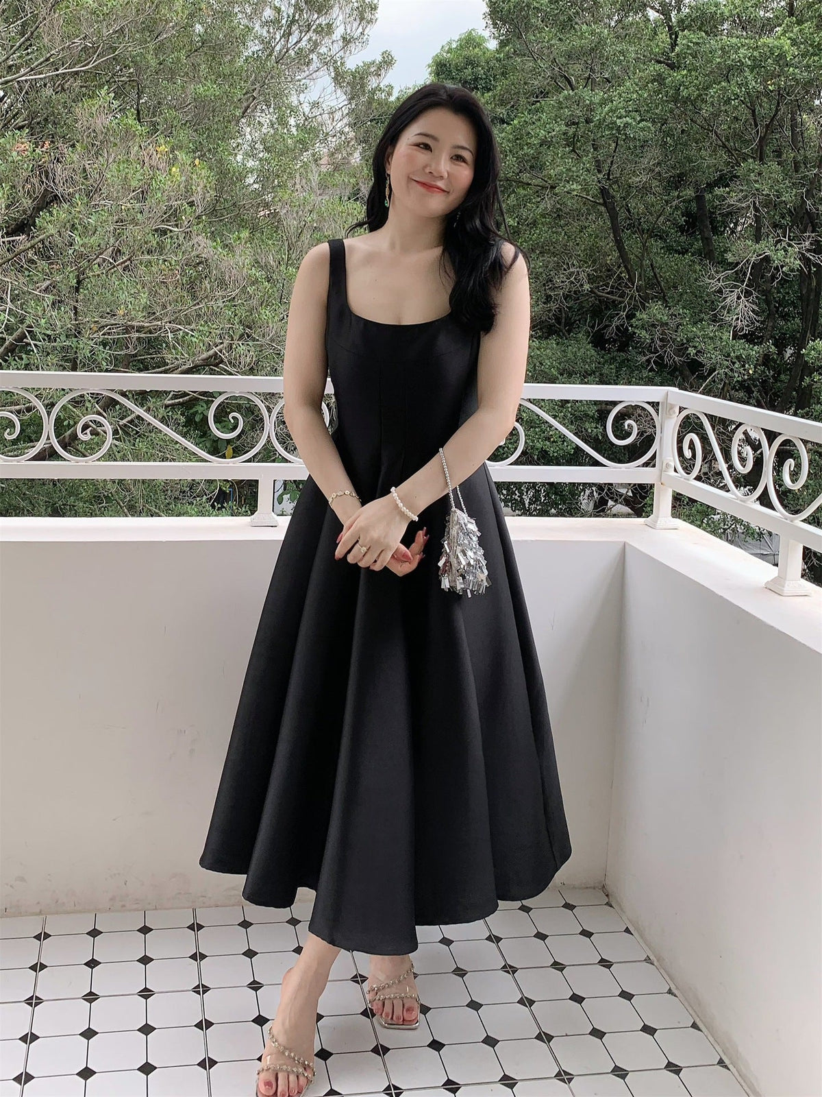 Cléo Satin Square-Neck Fit-and-Flare Midi Dress - photo 7 | Orabella