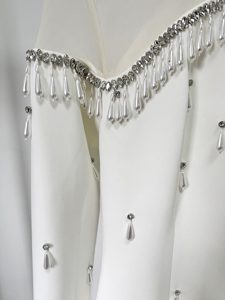 Elegant Off-Shoulder Gown with Pearls