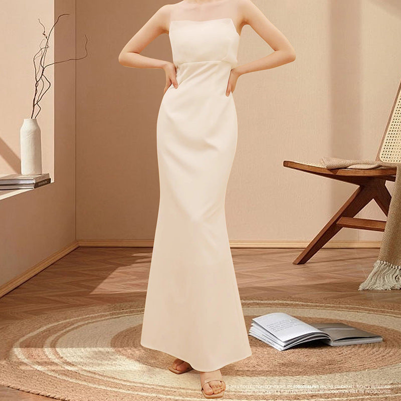 Coline Ivory Satin Strapless Column Dress - photo 1 | Orabella