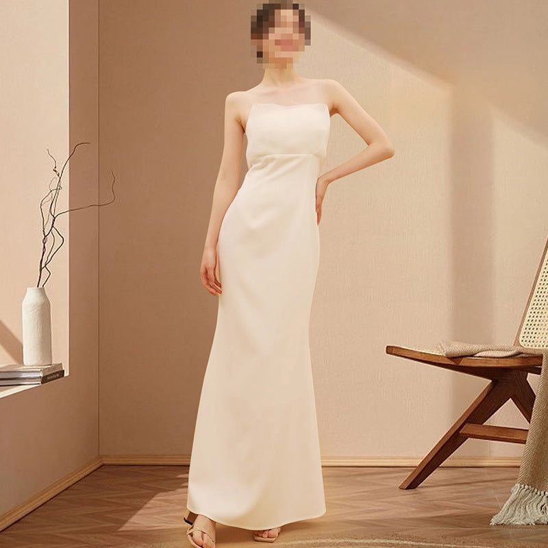 Coline Ivory Satin Strapless Column Dress - photo 2 | Orabella