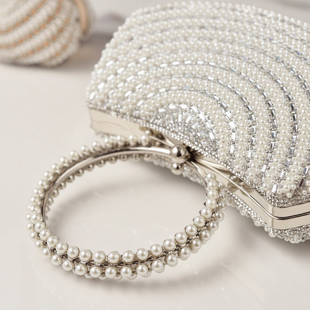 Coralie Pearl Beaded Ring Handle Evening Bag - back view