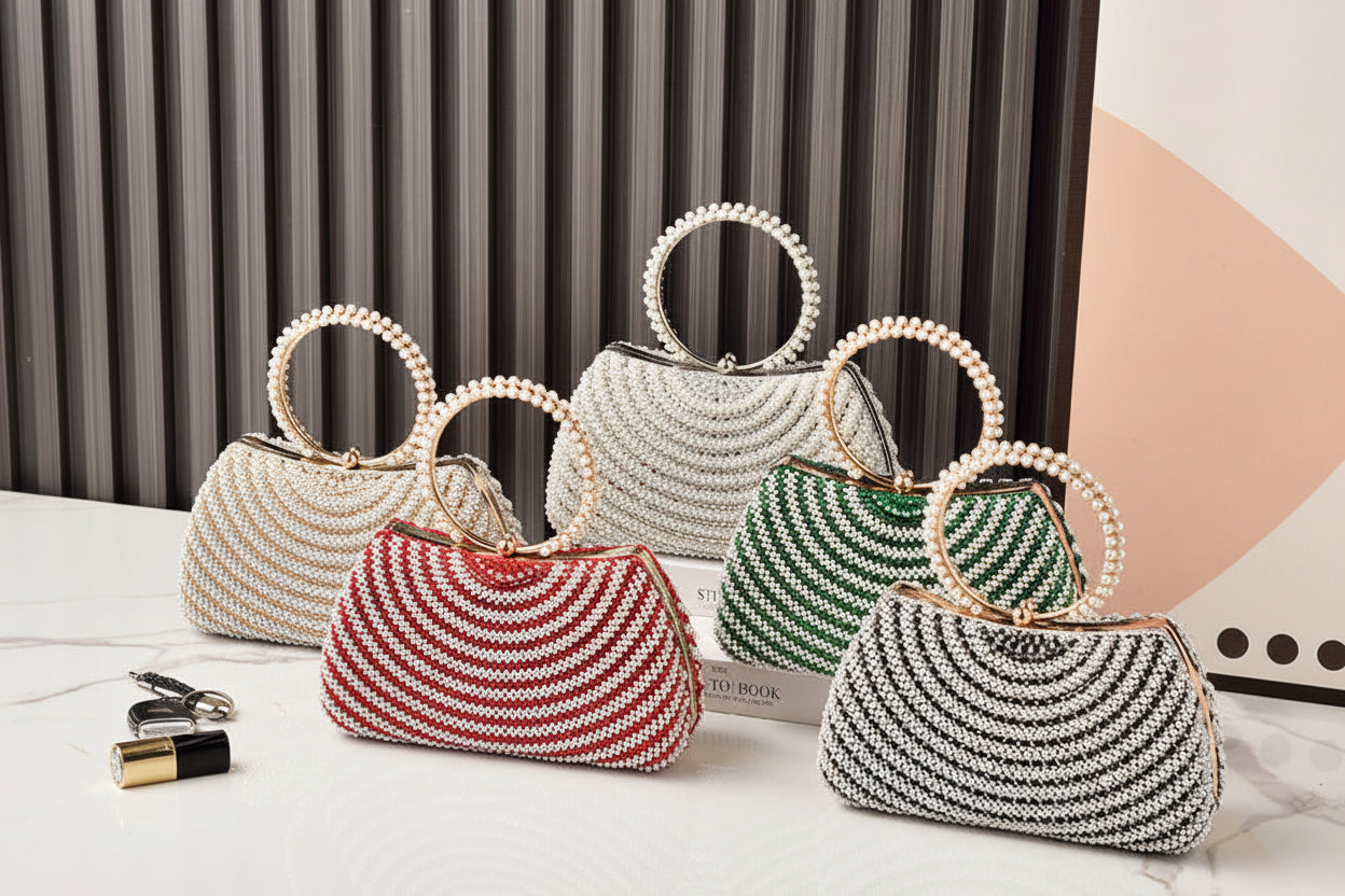 Coralie Pearl Beaded Ring Handle Evening Bag - detail view