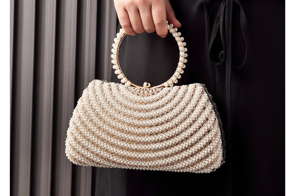 Coralie Pearl Beaded Ring Handle Evening Bag - front view