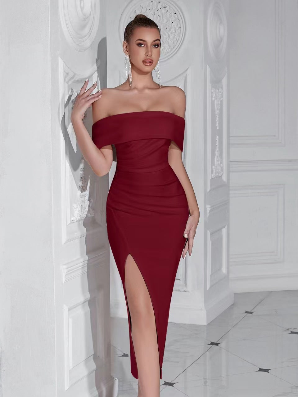 Off-shoulder ruched bodycon midi dress shown in further colourways
