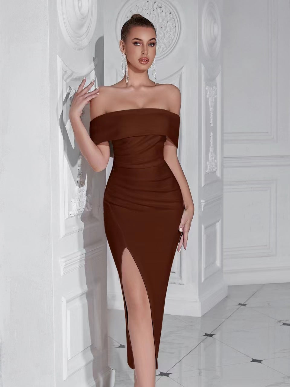 Off-shoulder ruched bodycon midi dress shown in further colourways