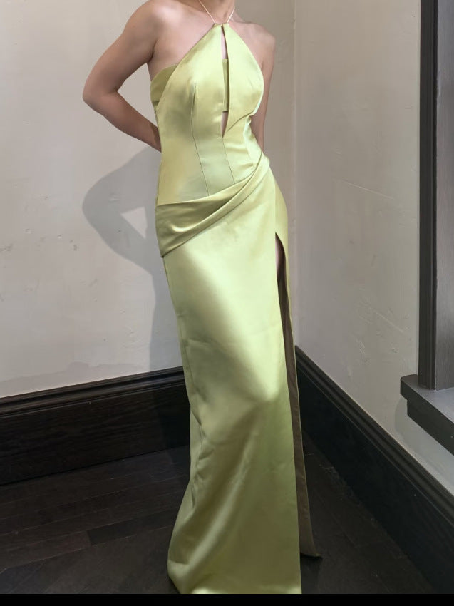 Corisande Chartreuse Satin Halter Slit Gown - photo 1 | Orabella